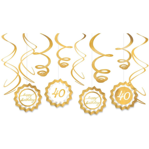 40th Birthday Party Decorations Gold & White 4 Paper Fans 8 Gold Swirls 12pcs - Picture 2 of 6